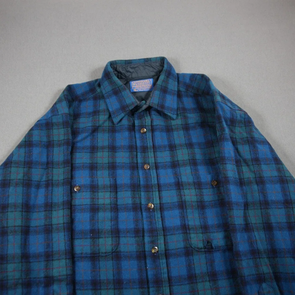 Pendleton Vintage Plaid Wool Flannel Men Shirt L Western Blue Logger Cabin Retro